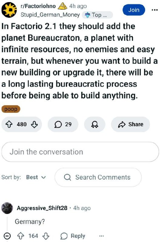 Germany? Мем с комментарием "Germany?" под предложением о планете Бюрократон, где любое строительство задерживается из-за бюрократии