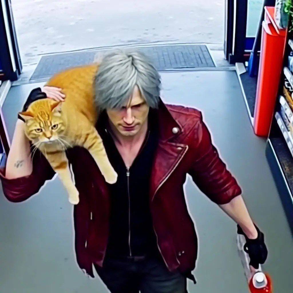 Герой из игры с котом на плече Мужчина, похожий на Данте из Devil May Cry, с рыжим котом на плече и бутылкой в руке заходит в магазин