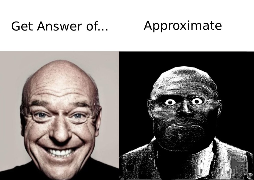 Get Answer of... vs Approximate Мем с мужчиной, который радуется точному ответу и пугается приблизительного, демонстрируя разницу между точными и примерными вычислениями.
