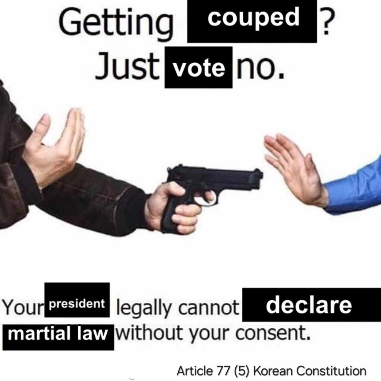 Getting couped? Just vote no Мем про переворот, на котором две руки: одна с пистолетом, а другая отмахивается, и текст "Getting couped? Just vote no".