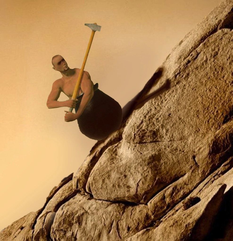 Getting Over It With Bennett Foddy Мужчина в котле с киркой на фоне скалы