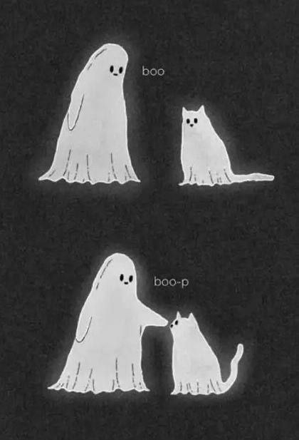 Милый призрак сначала говорит «boo», а затем нежно гладит кота и говорит «boo-p».