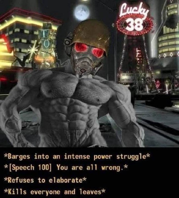 Giga Chad в маске рейдера НКР Giga Chad в маске рейдера НКР на фоне Лас-Вегаса из Fallout: New Vegas