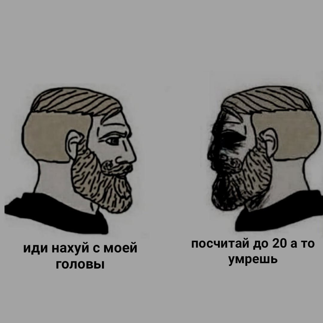 Иди нахуй с моей головы посчитай до 20 Мем с двумя головами Гигачада, одна из которых говорит 'иди нахуй с моей головы', а другая - 'посчитай до 20 а то умрешь'.
