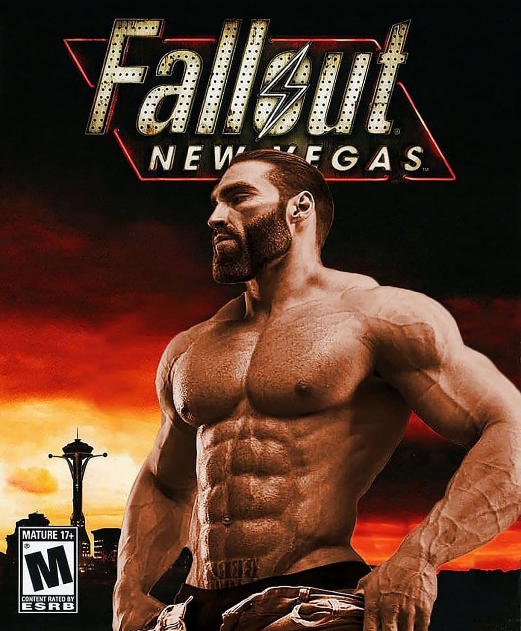 Гигачад Fallout New Vegas Арнольд Шварценеггер в образе гигачада на обложке игры Fallout New Vegas, стоящий на фоне постапокалиптического заката с Вегасской башней