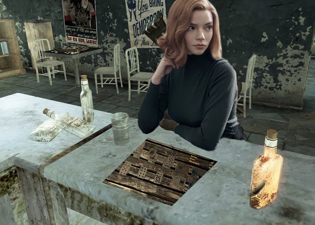 Девушка играет в карты в Fallout Девушка с рыжими волосами сидит за столом в баре и играет в карты, фон напоминает игру Fallout.