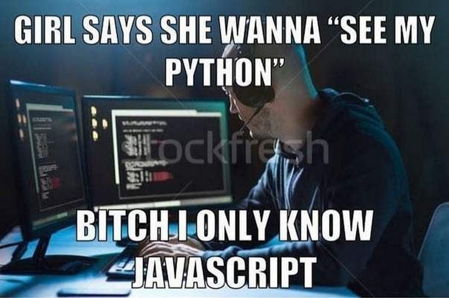 Girl says she wanna see my Python Мем, где девушка говорит, что хочет увидеть моего Питона, а парень-программист отвечает, что знает только Джаваскрипт.