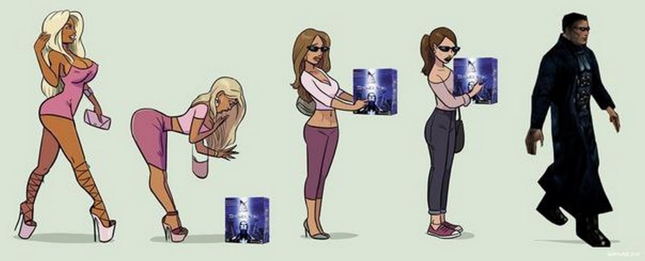 Девушка превращается в Нео из «Матрицы» Девушка превращается в Нео из «Матрицы» после покупки игры Deus Ex