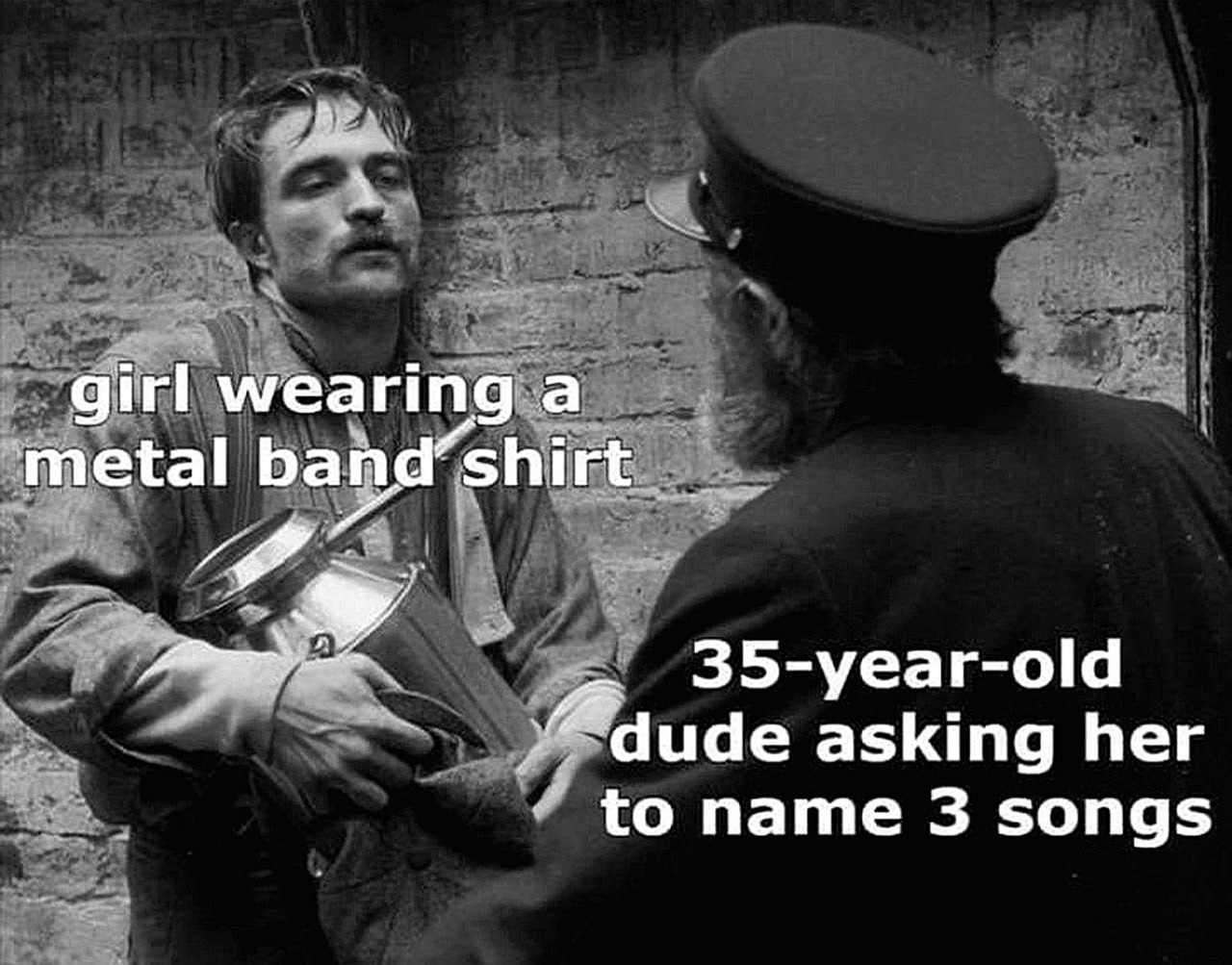 Girl wearing a metal band shirt Девушка в футболке метал-группы и 35-летний парень, который просит её назвать три песни этой группы.