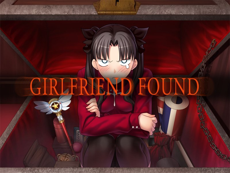 Сердитая аниме-девушка найдена в сундуке — надпись GIRLFRIEND FOUND