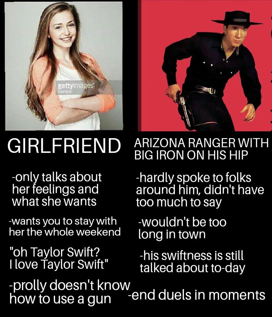 Girlfriend vs Arizona Ranger Сравнение между девушкой и рейнджером из Аризоны, подчёркивающее их противоположные черты.