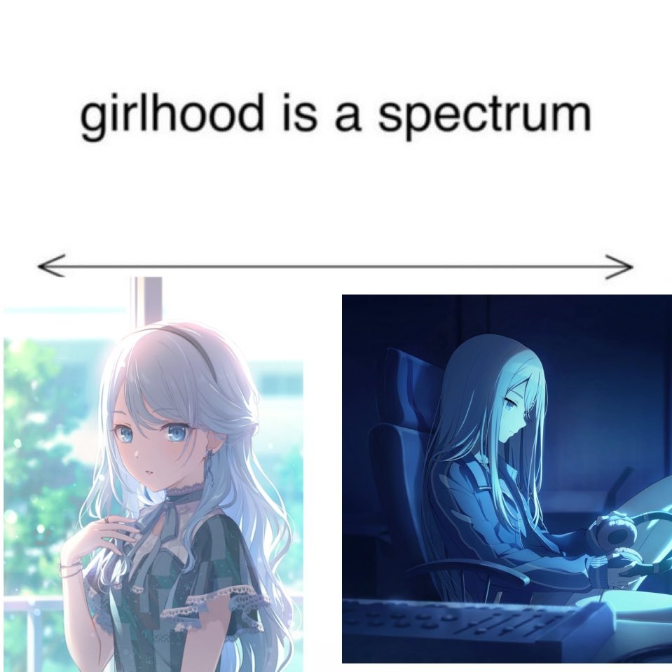 Мем «girlhood is a spectrum» с контрастом между нежной аниме-девушкой и мрачной девушкой за рулём