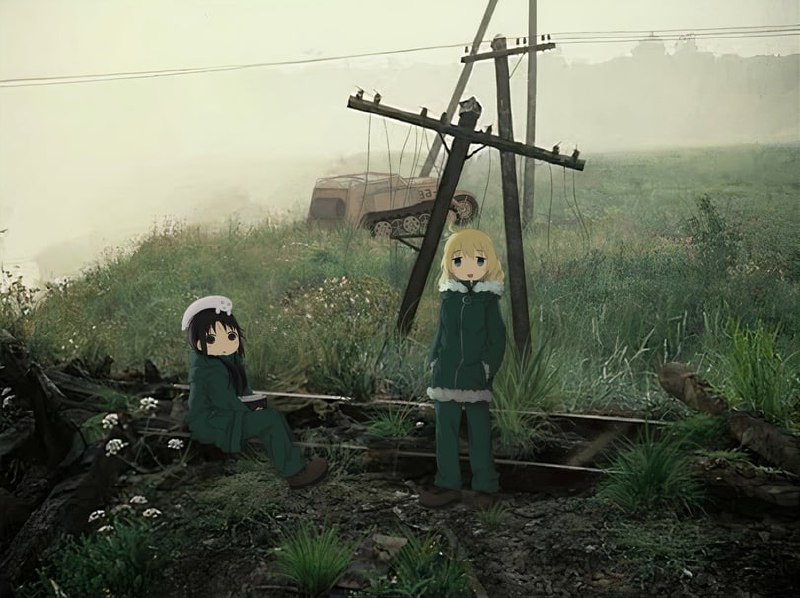 Аниме Girls' Last Tour в реальной жизни Две девочки из аниме Girls' Last Tour на фоне разрушенной инфраструктуры в туманной заброшенной местности