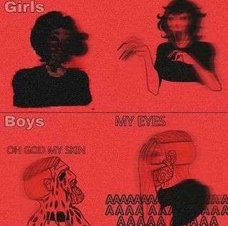 Girls vs Boys: Oh God My Skin / My Eyes Мем, где девушки спокойны, а парни испытывают мучительные трансформации и боль, закрывая глаза руками