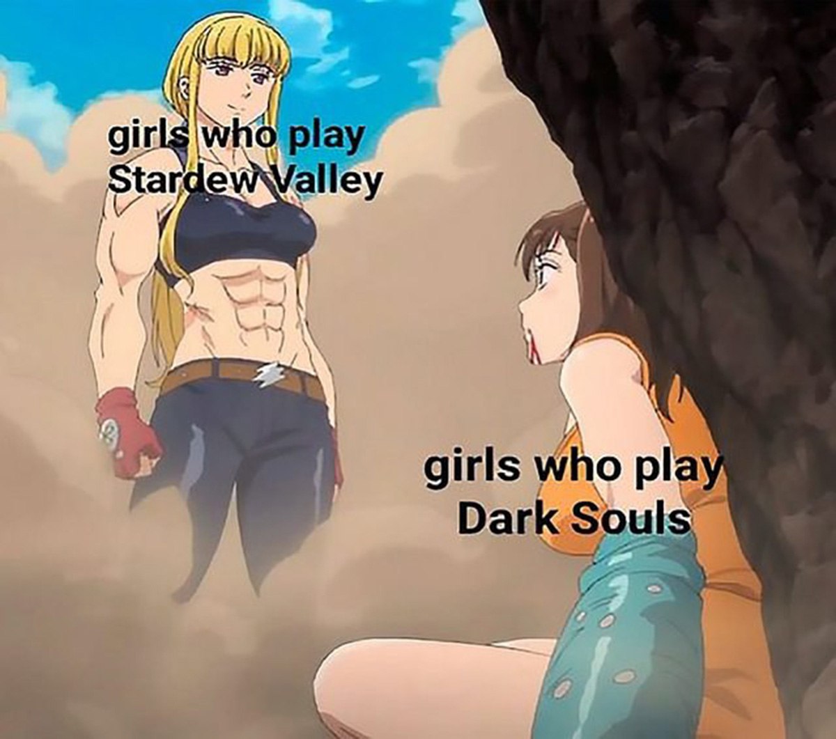 Girls who play Stardew Valley vs Dark Souls Мем, сравнивающий девушек, играющих в Stardew Valley, с девушками, играющими в Dark Souls, где первые изображены мускулистыми, а вторые - ранеными и истощенными.