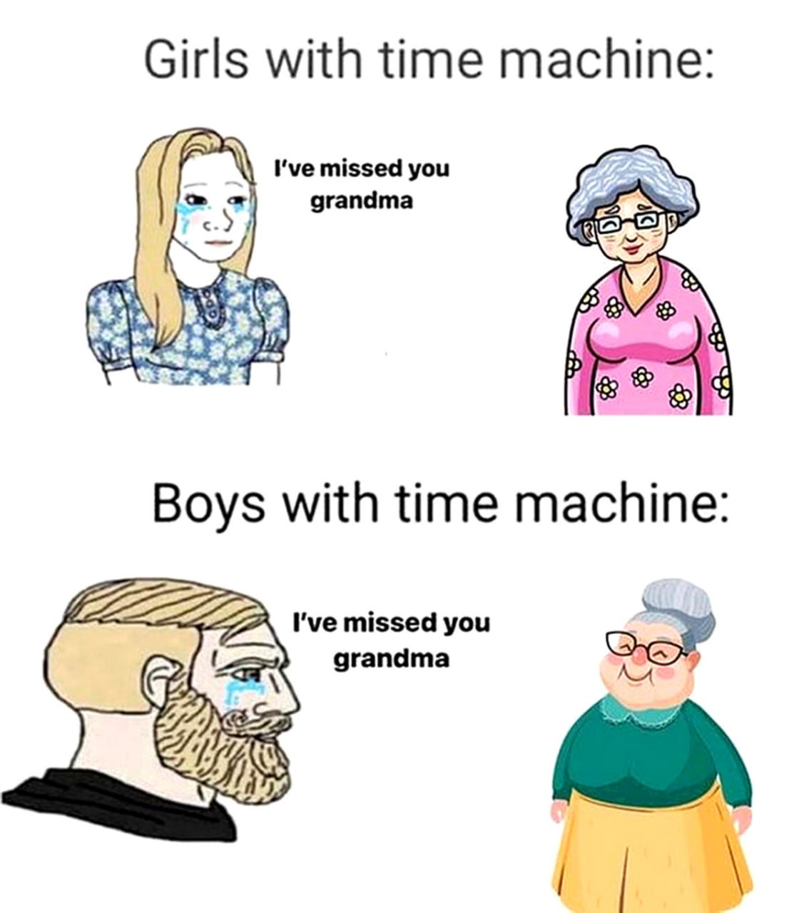 Girls with time machine I've missed you grandma Мем про девушек и парней, которые использовали машину времени, чтобы навестить своих бабушек