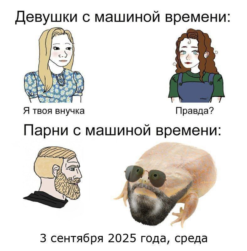 Девушки с машиной времени vs парни с машиной времени Мем, где девушки встречаются с внучкой, а парни узнают дату 3 сентября 2025 года