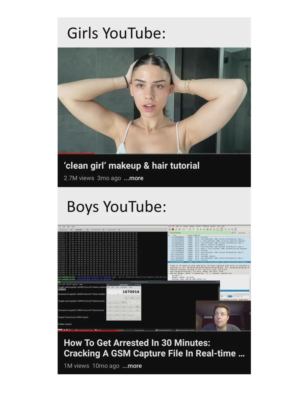 Girls YouTube vs Boys YouTube Мем, сравнивающий контент на YouTube, который смотрят девушки, с тем, что смотрят парни.