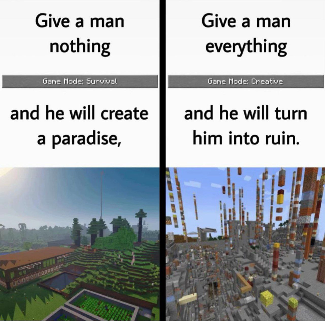 Give a man nothing and he will create a paradise Мем из Майнкрафта про выживание и креатив: "Дайте человеку ничего, и он создаст рай, дайте человеку всё, и он превратит это в руины"