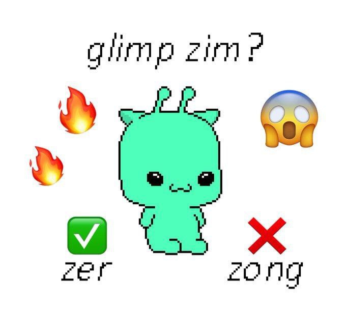 Глимп зим Мем с милым пиксельным пришельцем и надписью «glimp zim?»