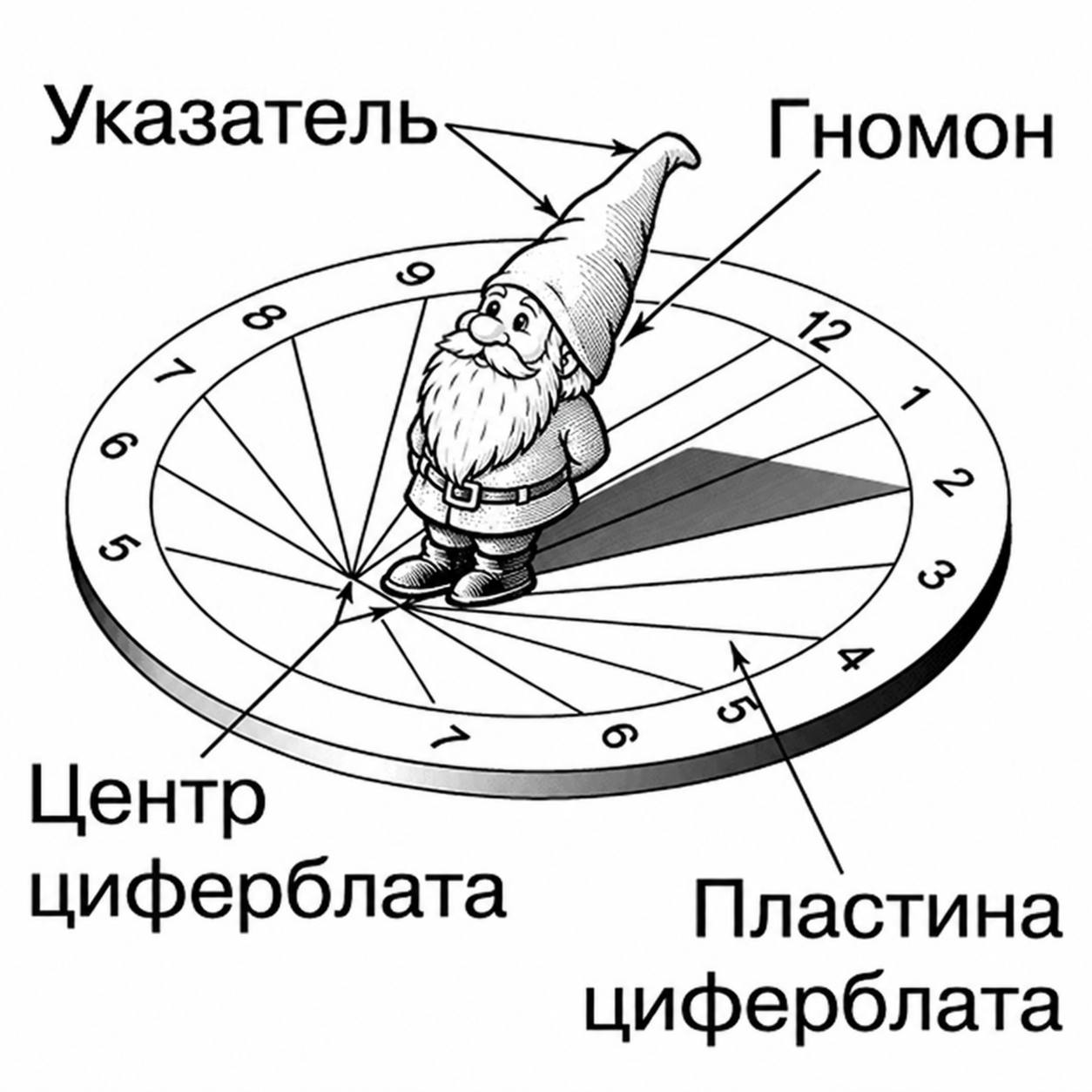 Шуточная схема солнечных часов с гномом, указателем, центром и пластиной циферблата