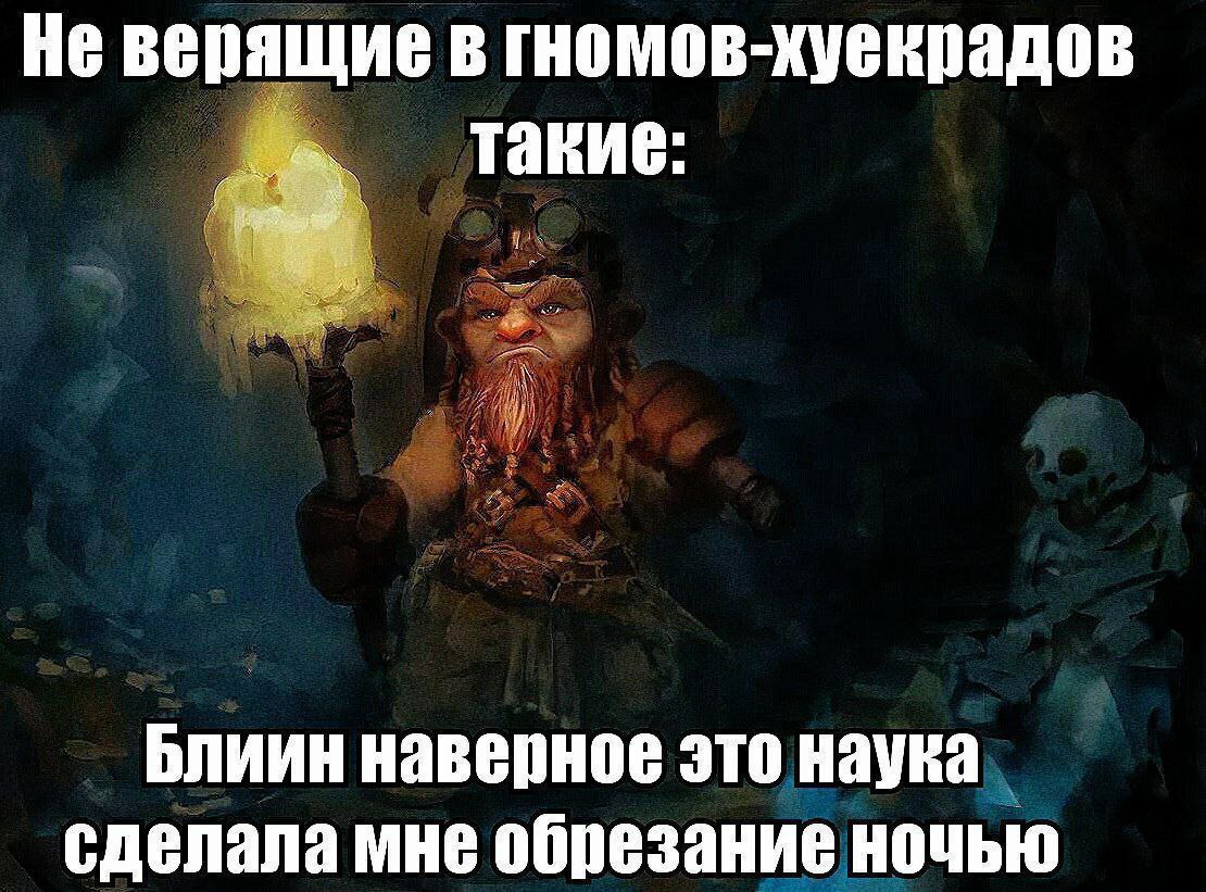 Не верящие в гномов-хуекрадов Мем с гномом, который держит факел, и текстом «Не верящие в гномов-хуекрадов такие: Блиин наверное это наука сделала мне обрезание ночью».