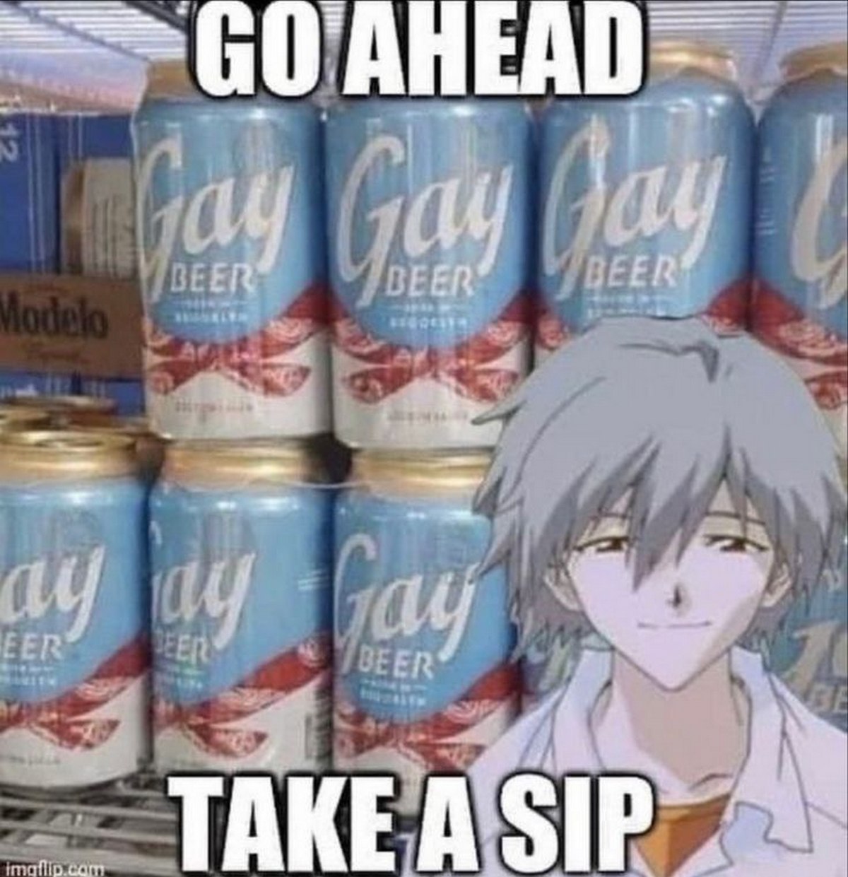 Go ahead take a sip Gay Beer Кавору Нагиса и Gay Beer, мем с надписью Go ahead take a sip