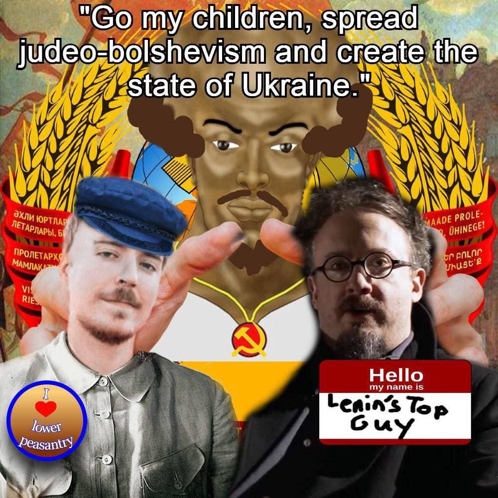 Go my children, spread judeo-bolshevism and create the state of Ukraine Мем с фразой «Go my children, spread judeo-bolshevism and create the state of Ukraine» и изображениями MrBeast и Славоя Жижека