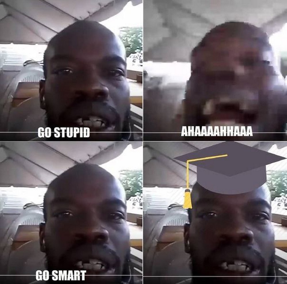 Мем Go stupid Go smart Мужчина на видео говорит go stupid, затем кричит и его лицо искажается, а потом говорит go smart и на нем появляется академическая шапочка