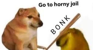 Шиба-ину с фразой «Go to horny jail» и ударом «BONK» по жёлтой фигуре
