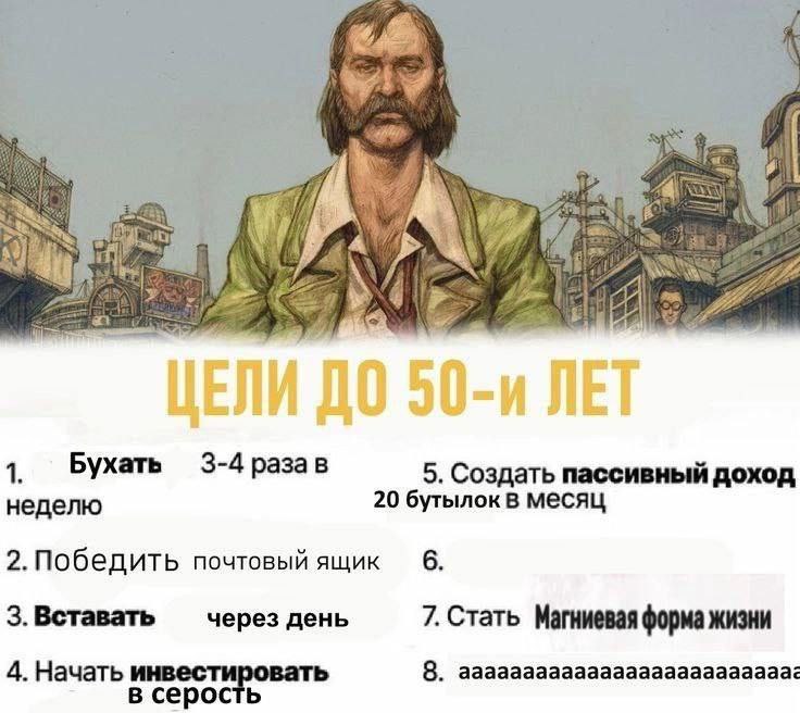 Цели до 50-и лет Мем «Цели до 50-и лет» с Гарри Дюбуа из игры Disco Elysium, перечисляющий абсурдные жизненные цели.