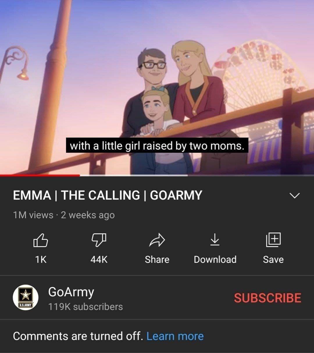 Мем про GoArmy и двух мам Мем с YouTube-видео GoArmy, где говорится о девочке, воспитанной двумя мамами, и большим количеством дизлайков.