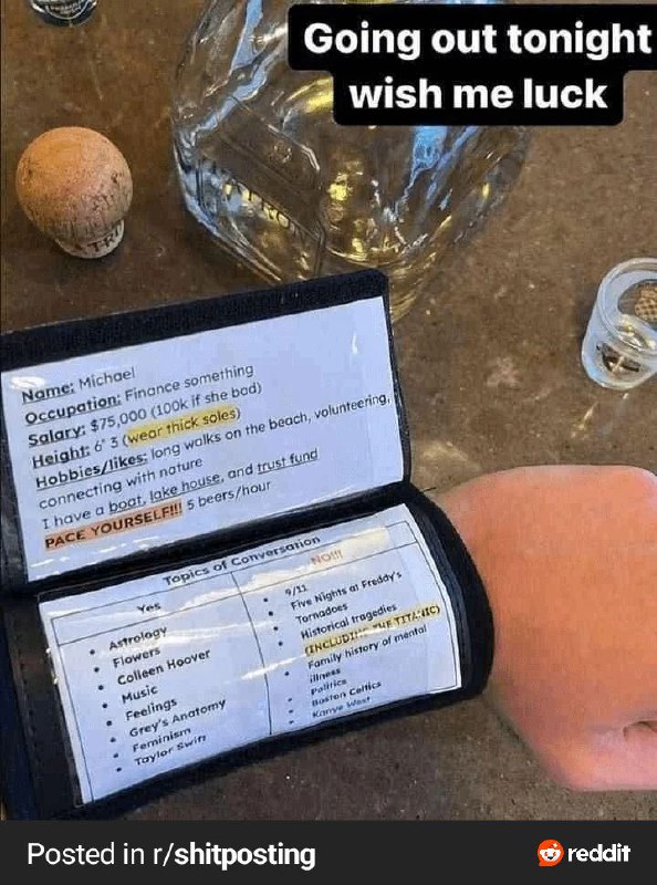 Going out tonight wish me luck Майкл собирается на свидание, желает удачи, и показывает браслет с его информацией для общения, включая личные данные и список тем для разговоров.