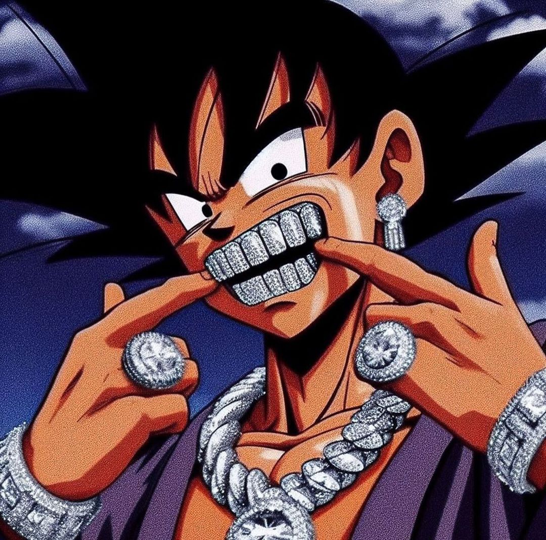 Гоку в грилзах Гоку из Dragon Ball, одетый в фиолетовую одежду, выпендривается своими зубами в грилзах, обилием колец, ожерелий, браслетов и серьг