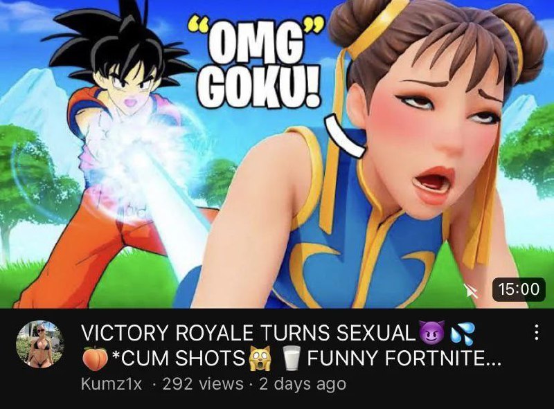OMG Goku Мем с Гоку, который стреляет лучом энергии в девушку, изображенную в сексуализированной позе, на превью видео из Fortnite