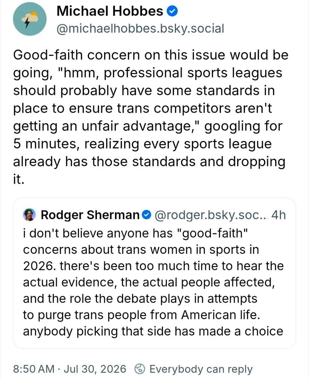 Публикация о том, что спортивные лиги уже имеют стандарты для трансгендерных спортсменок, несмотря на разговоры о «добросовестных» опасениях.