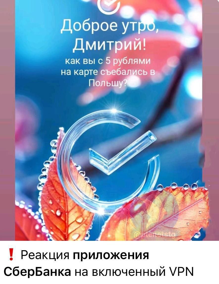 Доброе утро, Дмитрий! Как вы с 5 рублями на карте съебались в Польшу? Мем с надписью «Доброе утро, Дмитрий! Как вы с 5 рублями на карте съебались в Польшу?» и подписью про реакцию Сбербанка на включенный VPN