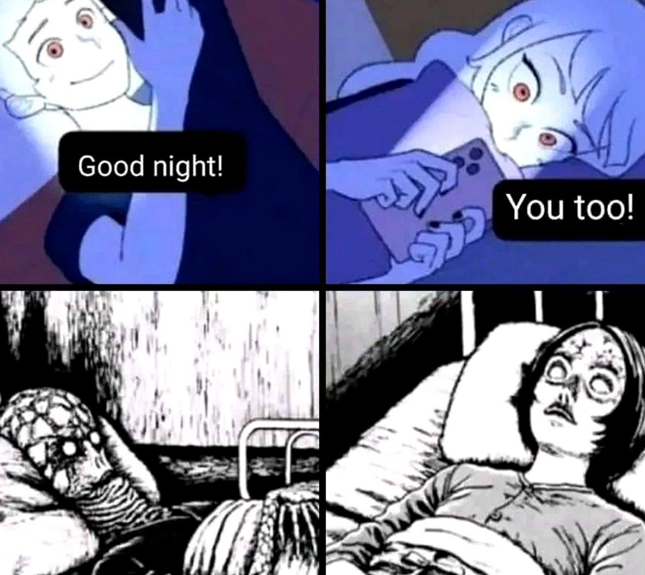 Good night you too Мем с фразами «Good night» и «You too» и преображением в жутких существ.