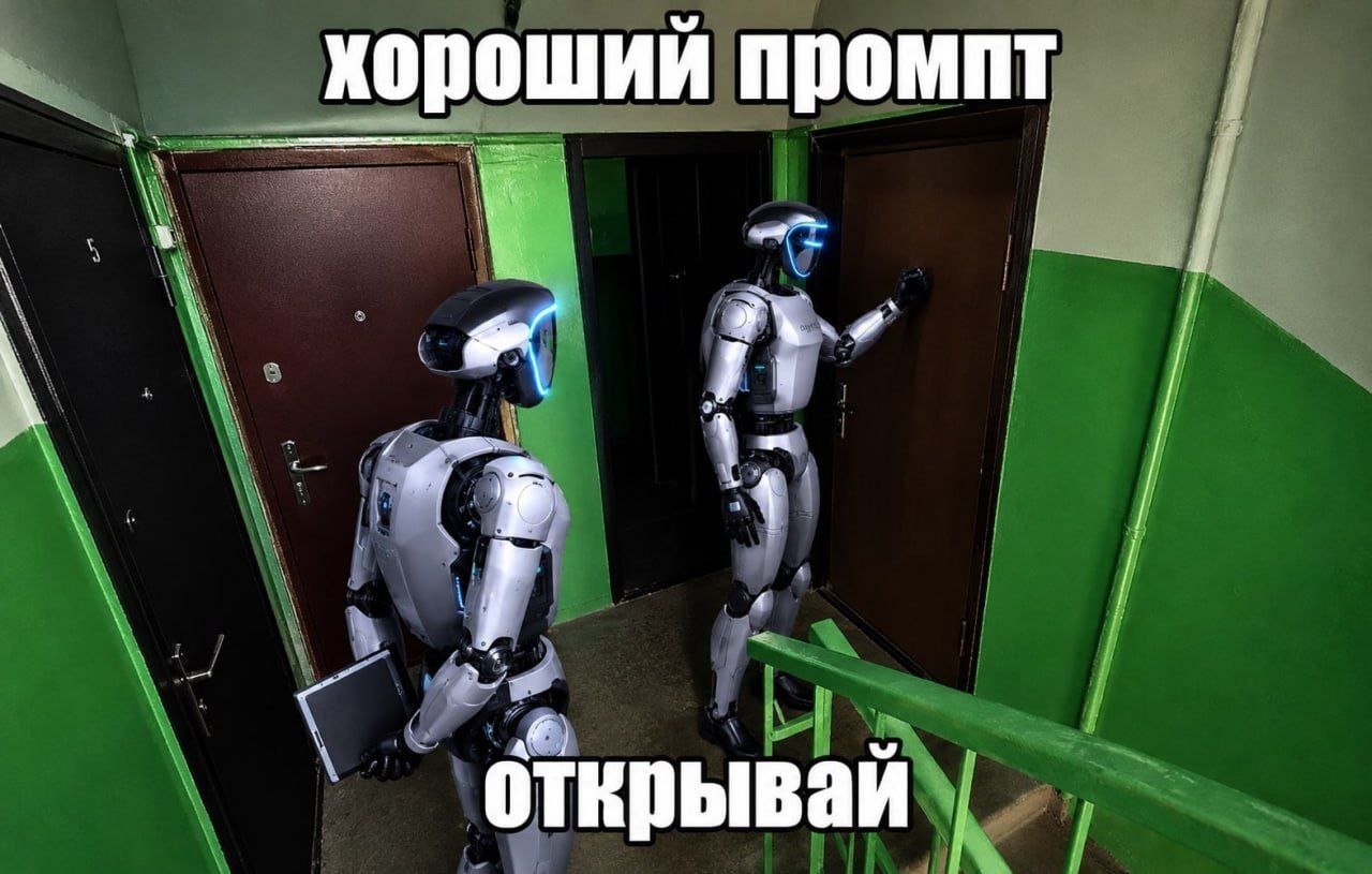 Два робота в подъезде пытаются открыть дверь с надписью «Хороший промпт — открывай».