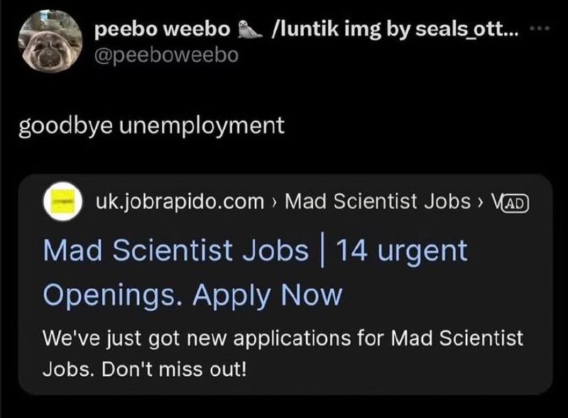 Скриншот поста с надписью «goodbye unemployment» и рекламой вакансий mad scientist jobs с 14 срочными открытыми позициями.