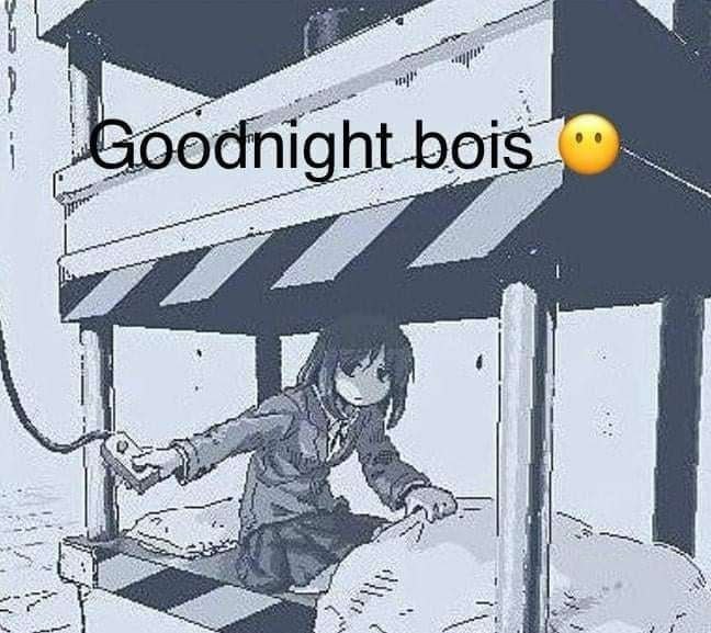 Goodnight bois Девушка из аниме сидит в кровати и держит контроллер, над ней нависает конструкция, а на изображении написано Goodnight bois