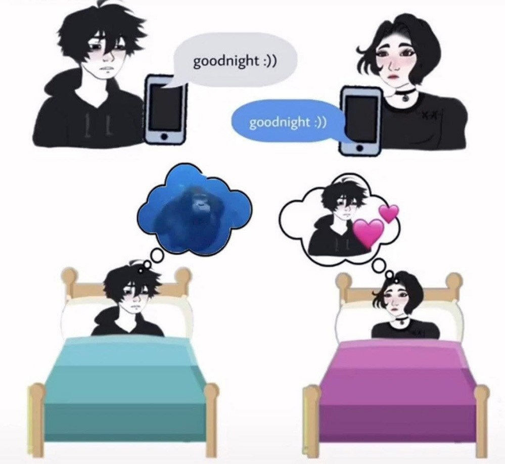Goodnight, горилла и сердечки Парень и девушка говорят "goodnight :))" друг другу, но думают о совершенно разных вещах: он о горилле, она о нем.