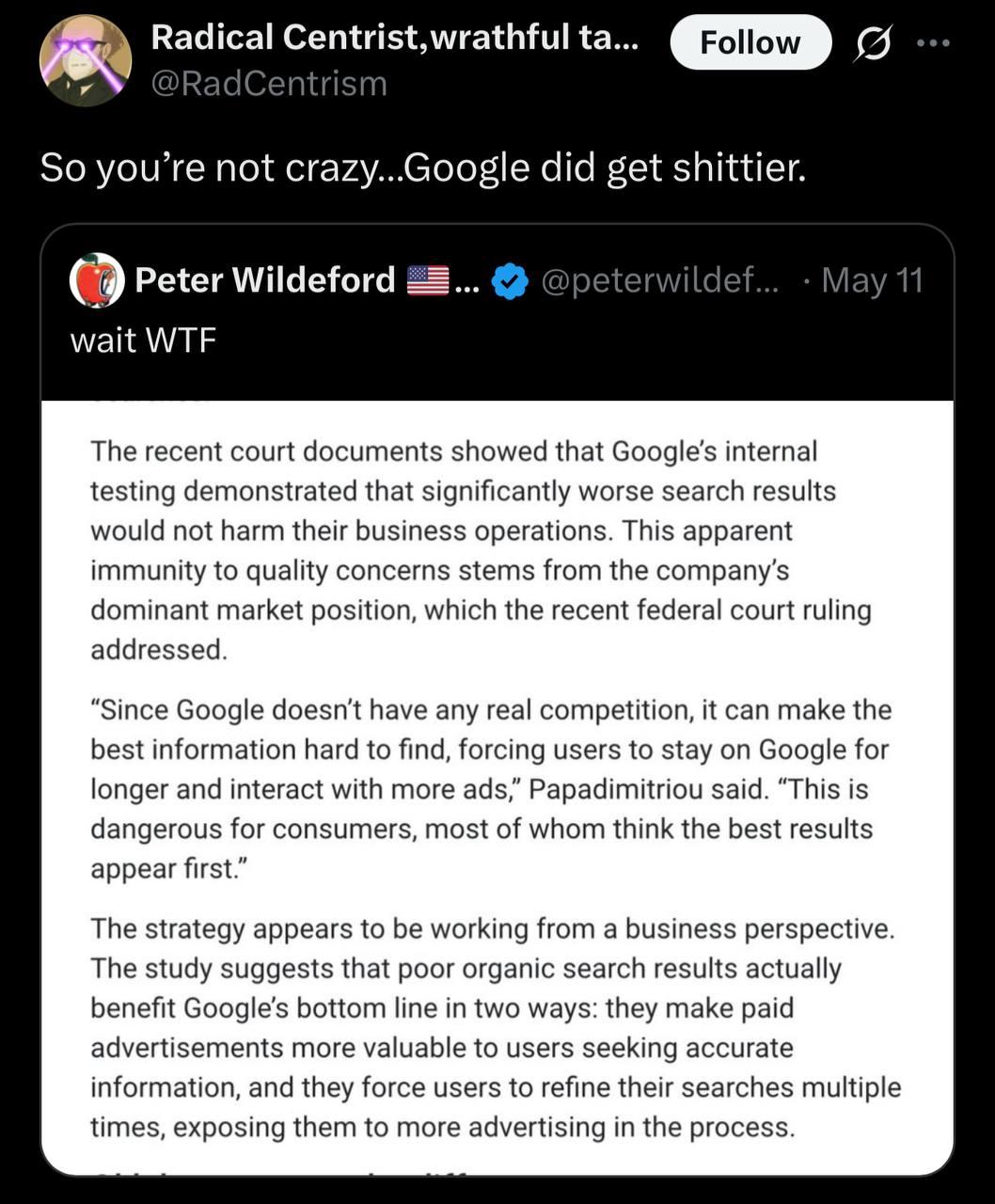 Google стал хуже Пользователь твиттера с ником Radical Centrist, wrathful ta... опубликовал скриншот поста, в котором говорится, что Google намеренно ухудшает поисковую выдачу
