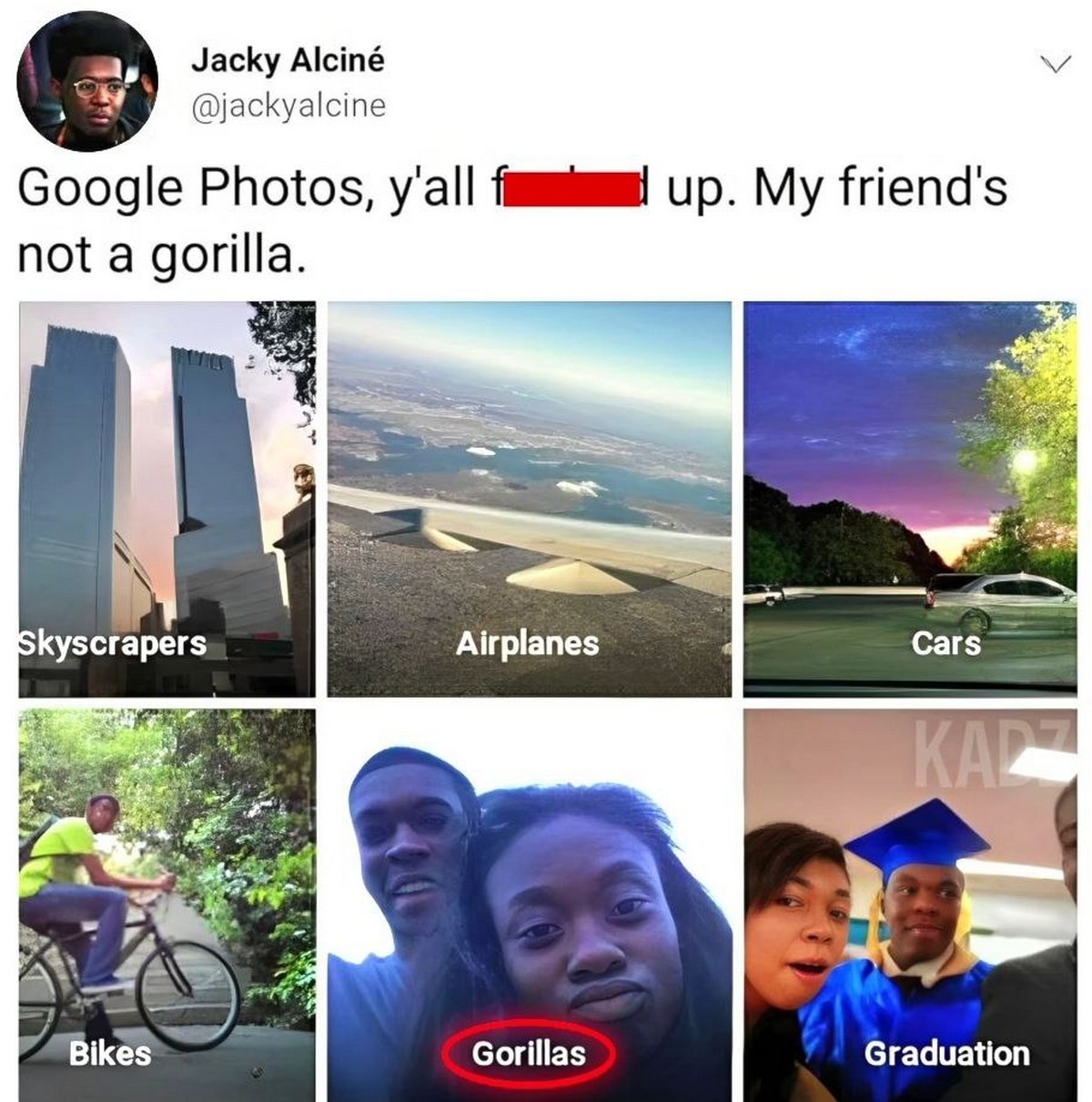 Google Photos, y'all fucked up. My friend's not a gorilla Мем про ошибку Google Фото, которая пометила друга пользователя как гориллу