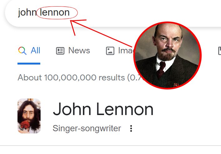 Поиск Джона Леннона, но в кружке Ленин При поиске Джона Леннона в Google в кружке появляется фото Ленина, а ниже результаты поиска по Джону Леннону
