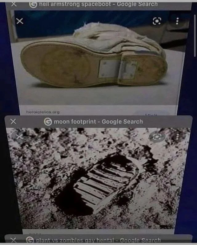 История поиска Google Мем с историей поиска Google, показывающей запросы о ботинке Нила Армстронга, лунном следе и неожиданном запросе по Plants vs Zombies.