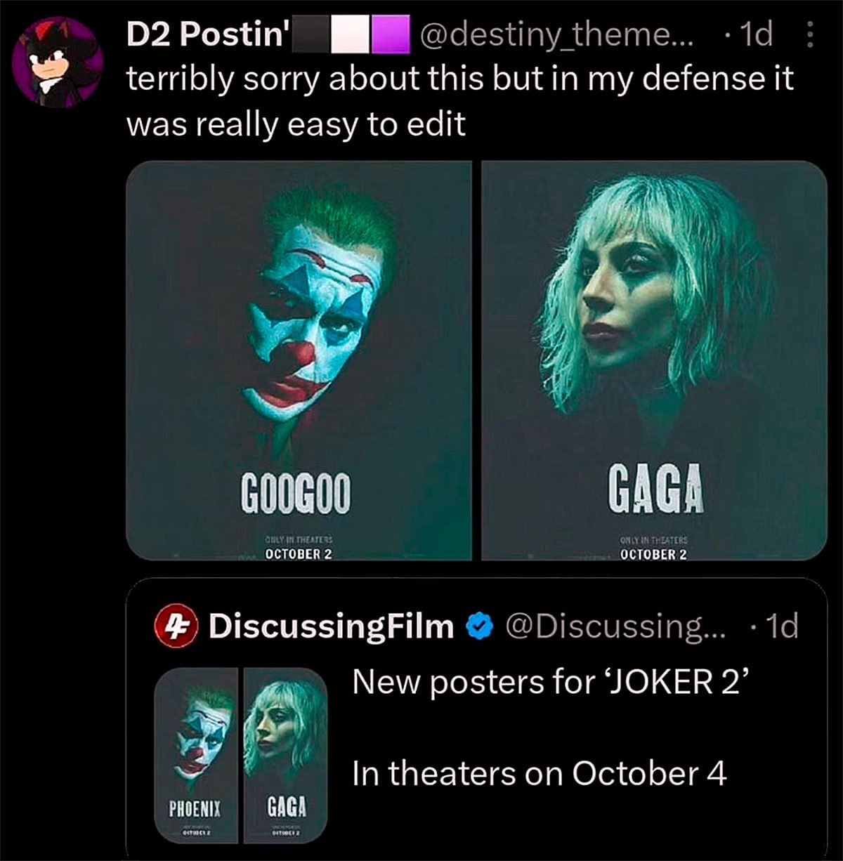 Мем Googoo Gaga Мем с изменёнными постерами фильма «Джокер 2» с надписями Googoo и Gaga
