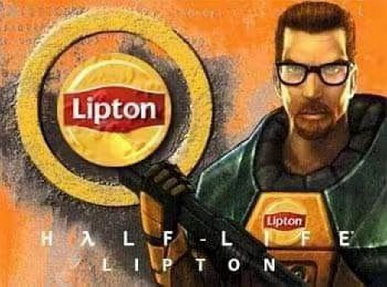 Гордон Фримен и Lipton Гордон Фримен с чаем Lipton вместо монтировки на фоне логотипа чая Lipton, переделанного под логотип Half-Life, а под ним также стилизованная надпись «Half-Lipton»