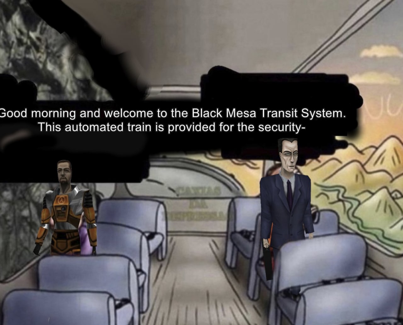 Гордон Фримен и G-Man в поезде Black Mesa Мем с Гордоном Фрименом и G-Man'ом в поезде Black Mesa
