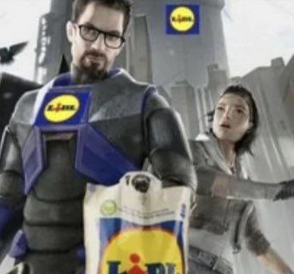 Гордон Фримен с пакетом Lidl Гордон Фримен из Half-Life в своем костюме держит большой пакет из супермаркета Lidl, а на фоне виднеется Аликс Вэнс.